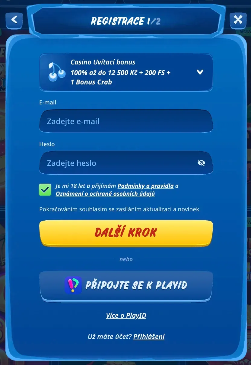 Registrační formulář v SGcasino